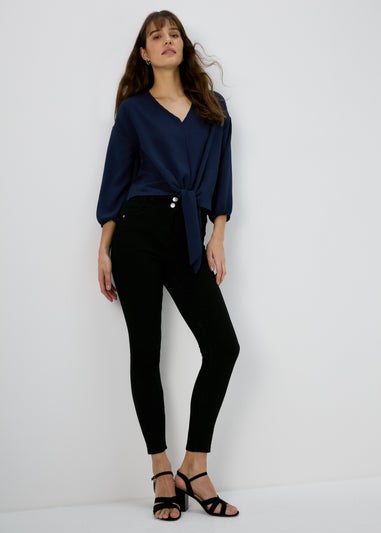 Navy V Neck Tie Front Blouse