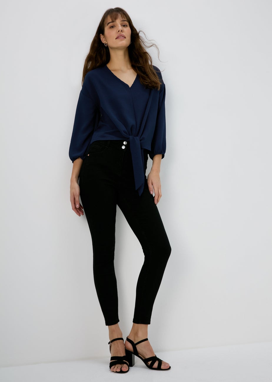 Navy V Neck Tie Front Blouse