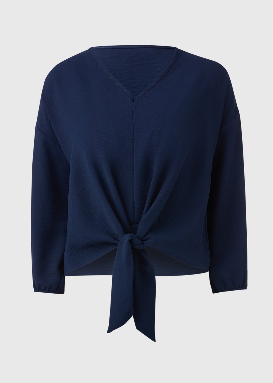 Navy V Neck Tie Front Blouse