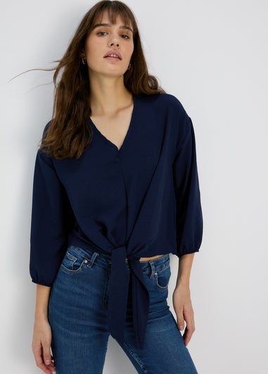 Navy V Neck Tie Front Blouse