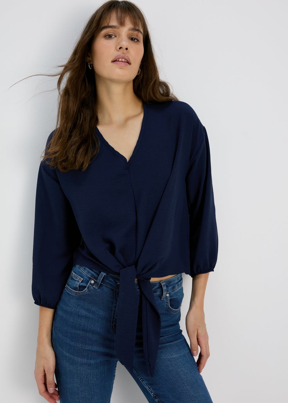Navy V Neck Tie Front Blouse