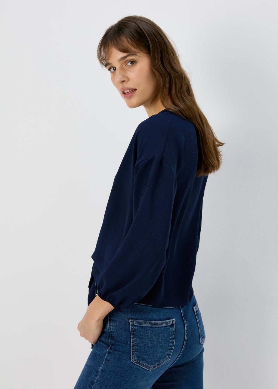 Navy V Neck Tie Front Blouse