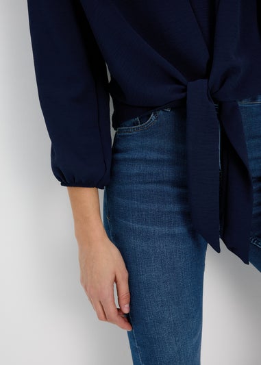 Navy V Neck Tie Front Blouse