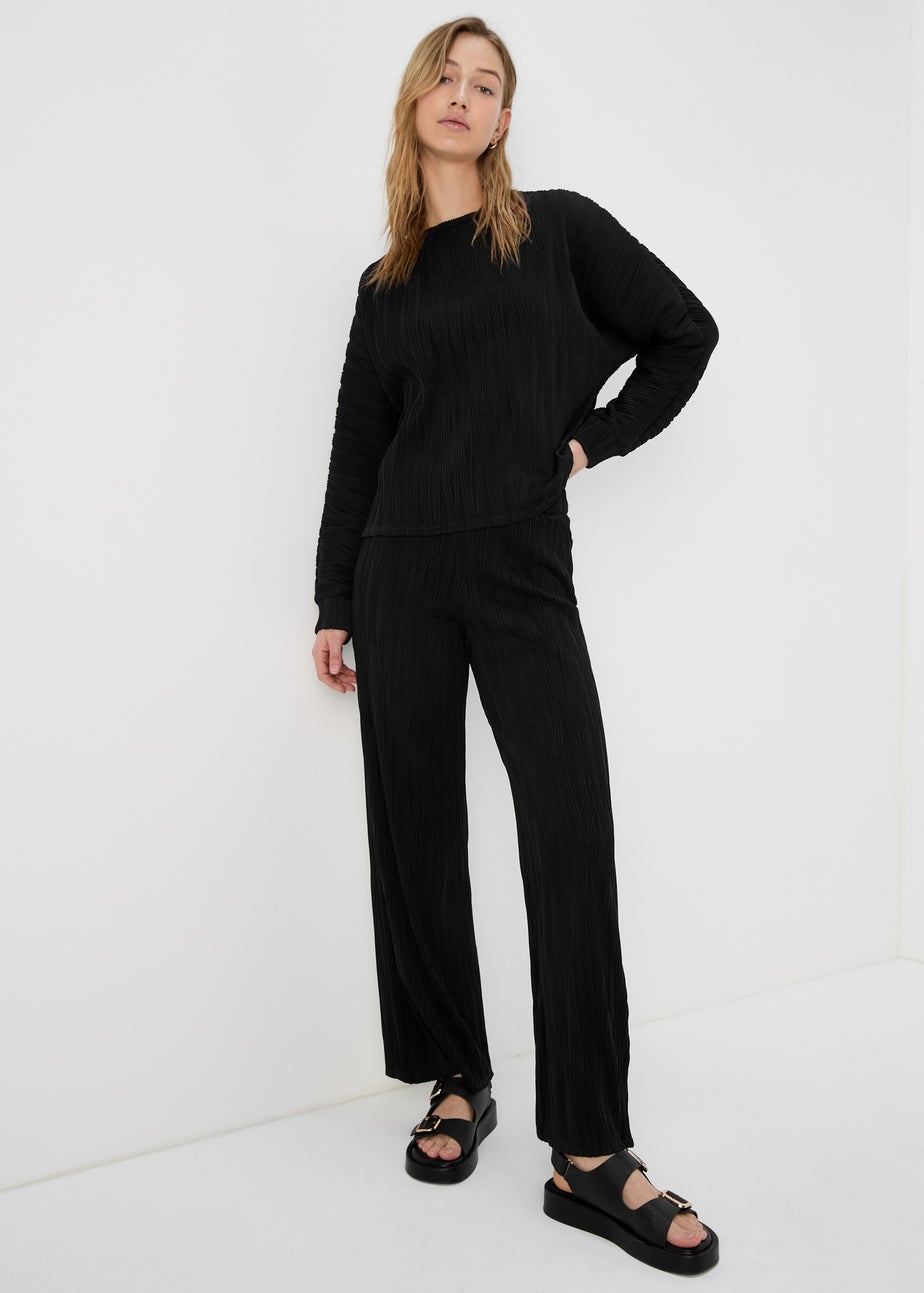 Black Textured Wide Leg Trousers