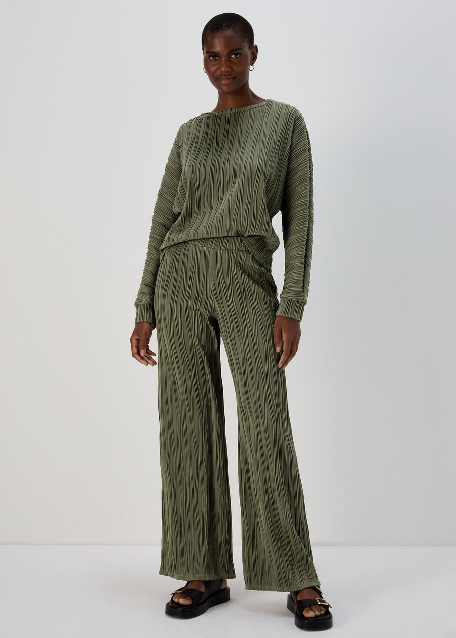 Khaki Wide Leg Textured Trousers