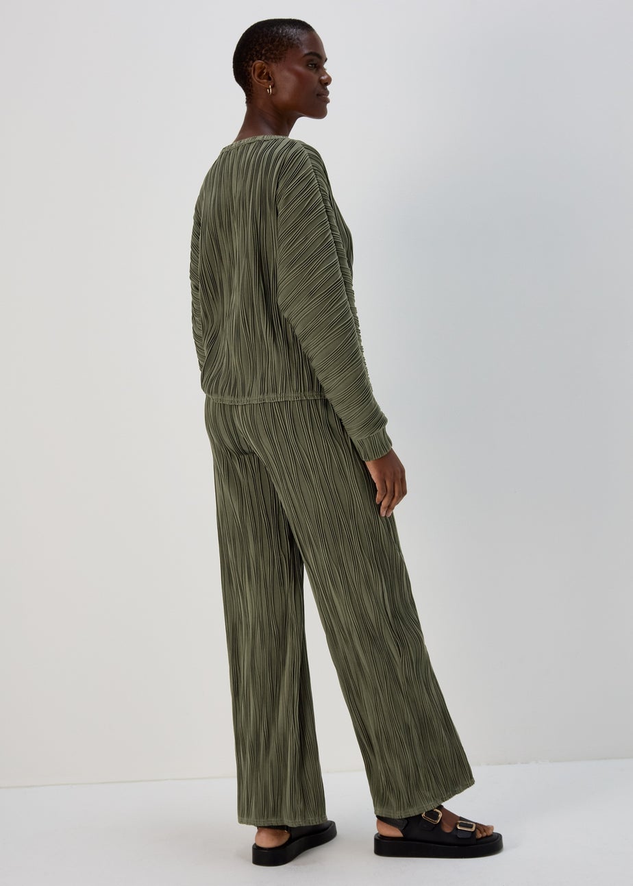 Khaki Wide Leg Textured Trousers