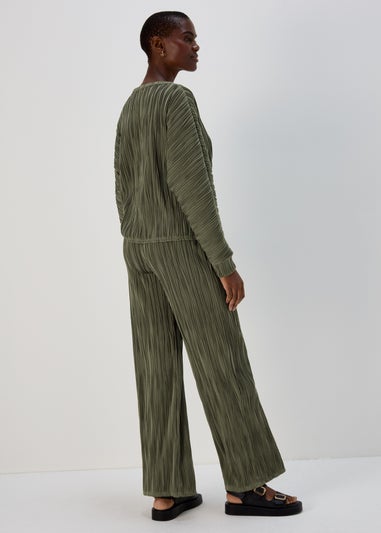Khaki Wide Leg Textured Trousers