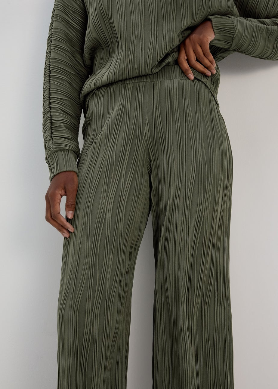 Khaki Wide Leg Textured Trousers