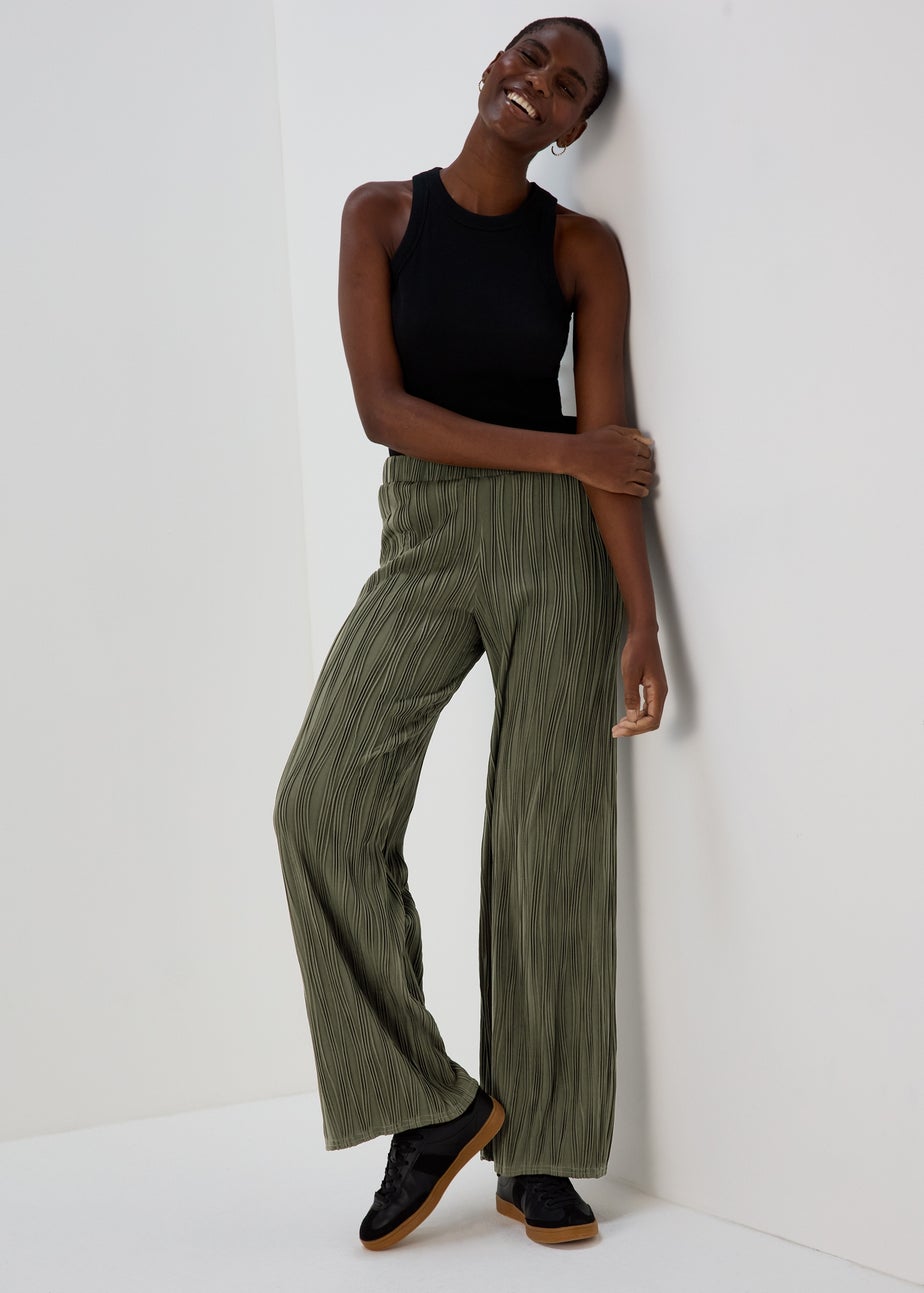 Khaki Wide Leg Textured Trousers