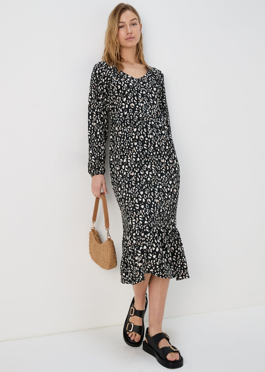 Black Animal Print Neck Tie Midi Dress