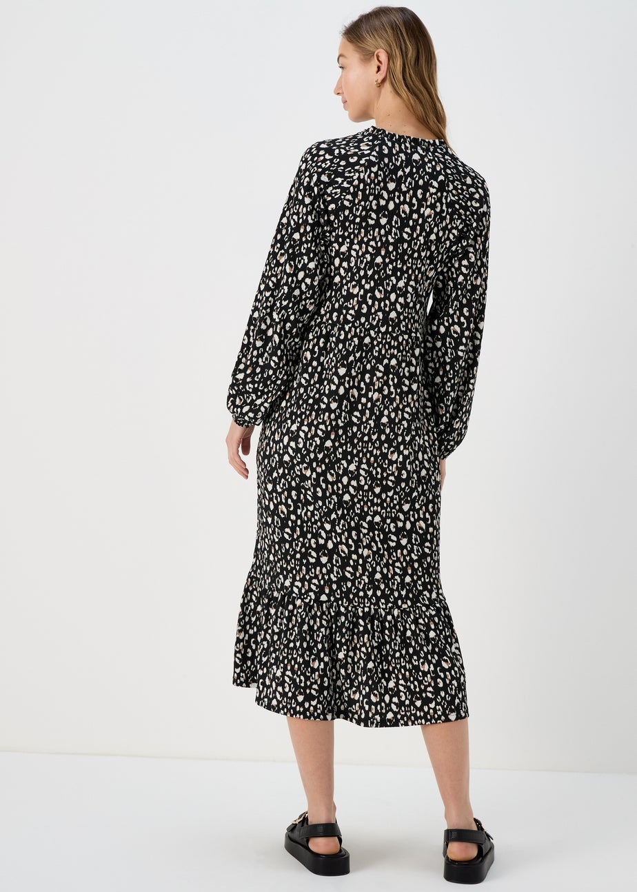 Black Animal Print Neck Tie Midi Dress