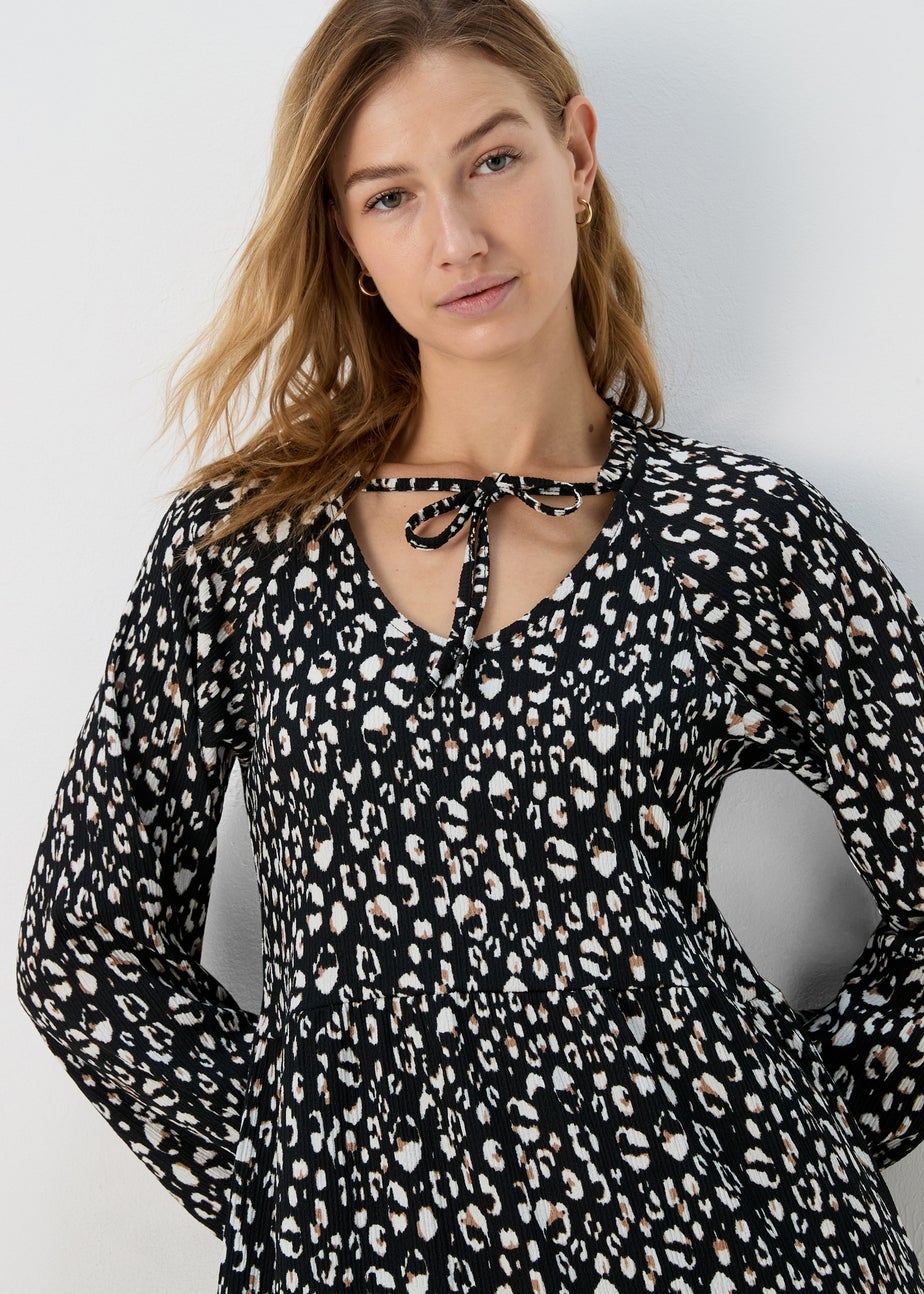 Black Animal Print Neck Tie Midi Dress