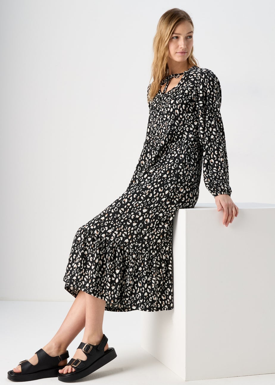 Black Animal Print Neck Tie Midi Dress
