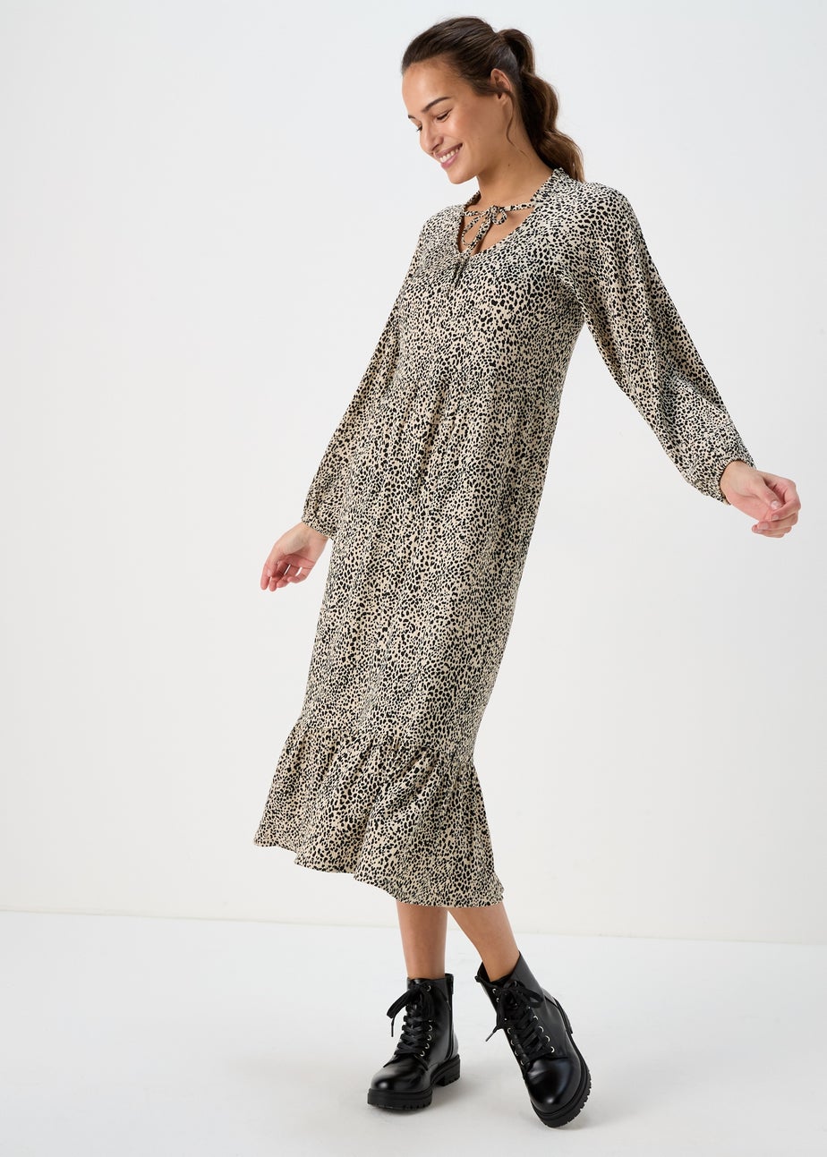 Beige Animal Print Midi Dress
