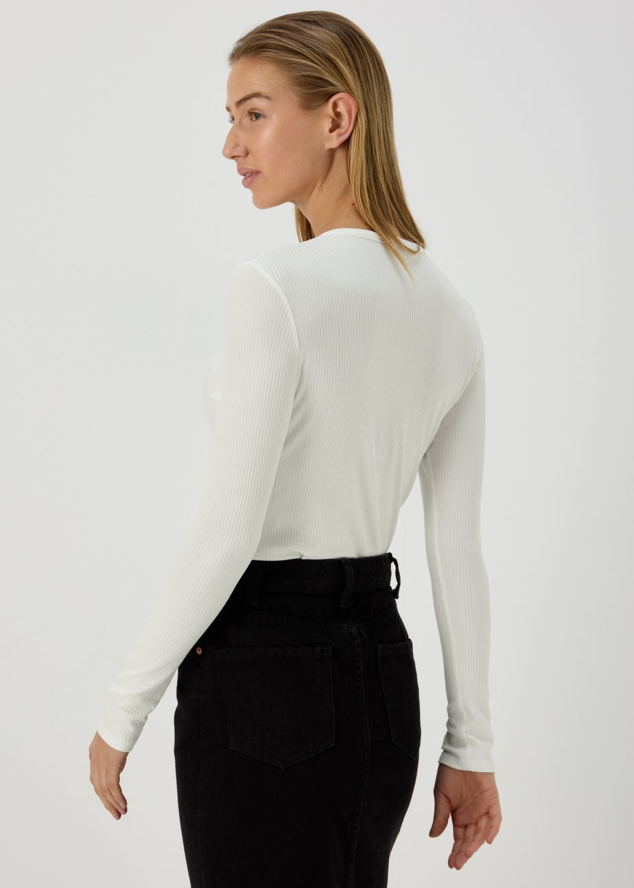 Ivory Rib Notch Neck Long Sleeve Top