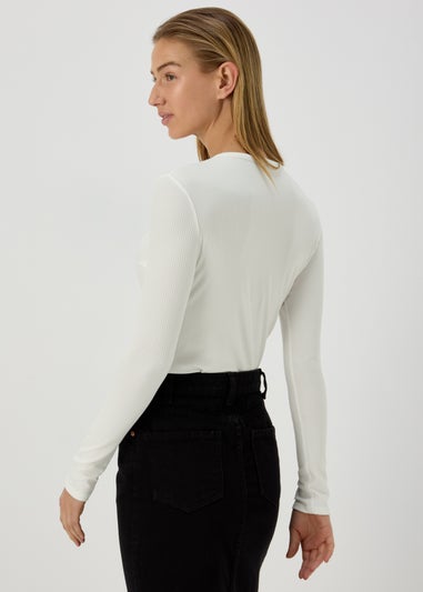 Ivory Rib Notch Neck Long Sleeve Top