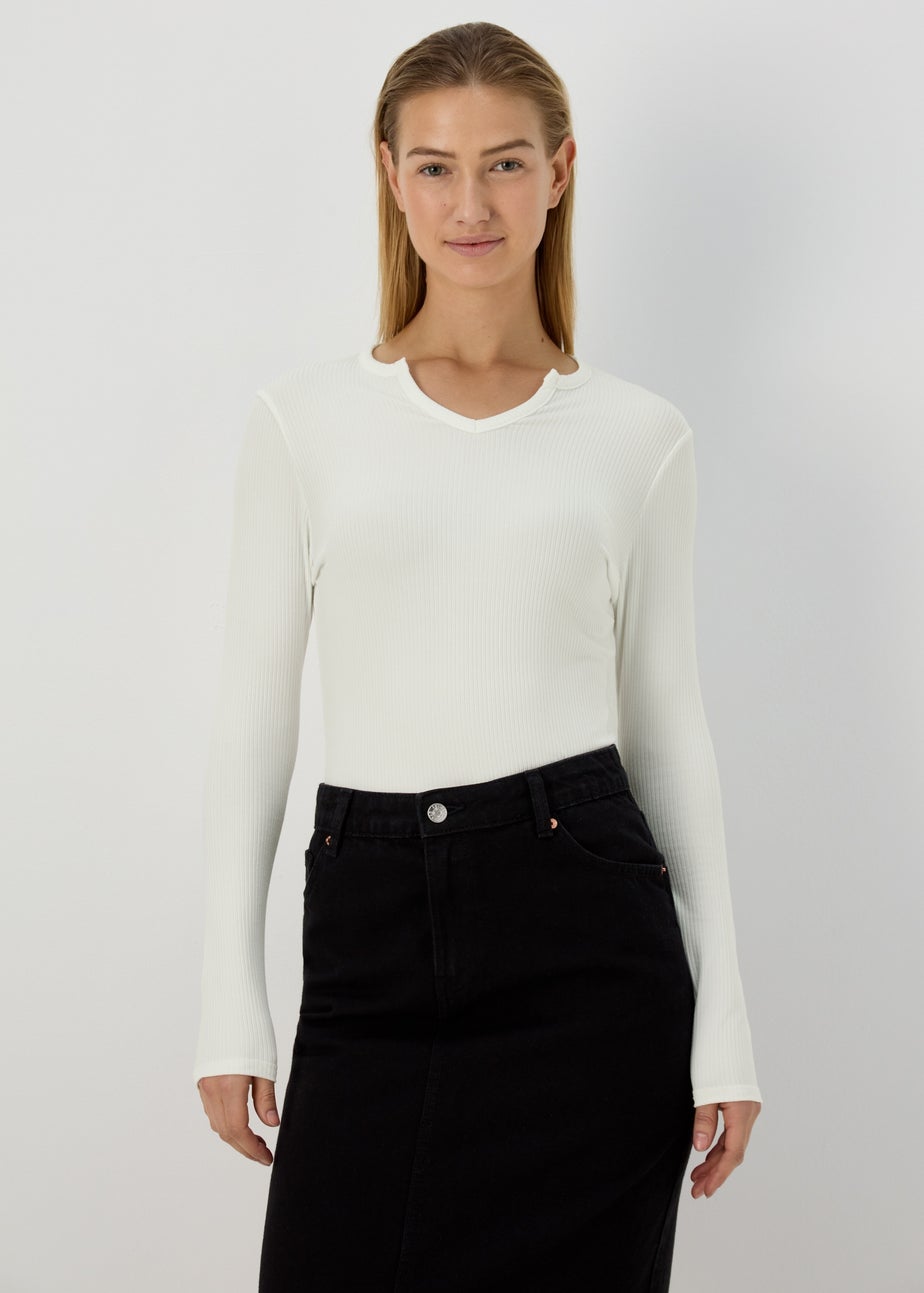Ivory Rib Notch Neck Long Sleeve Top