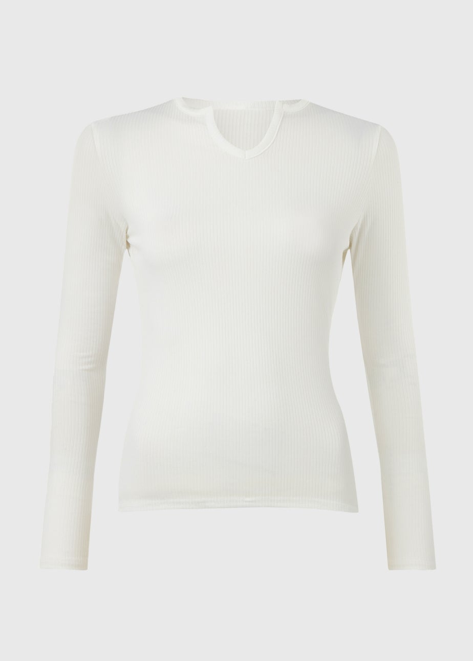 Ivory Rib Notch Neck Long Sleeve Top