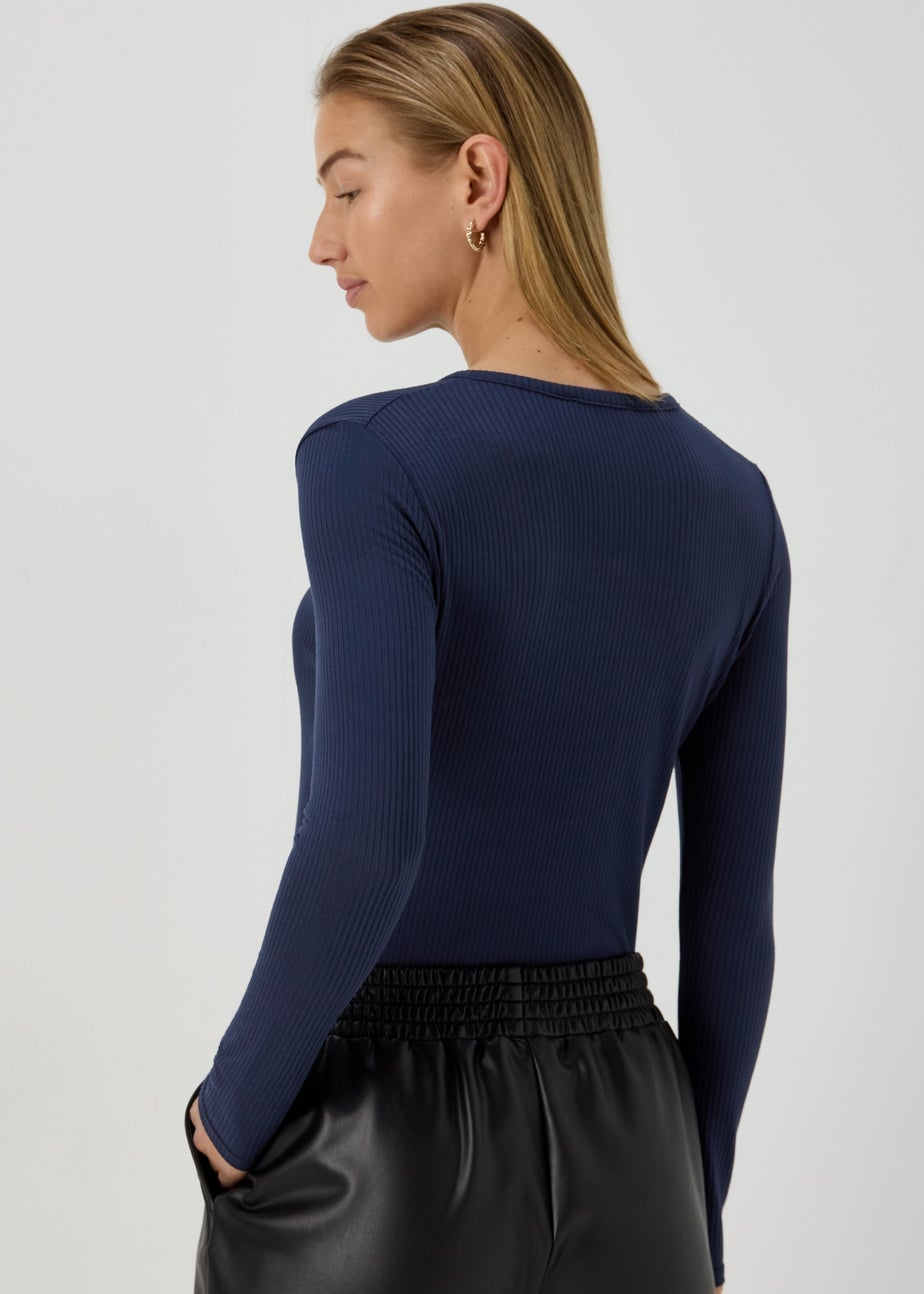 Navy Rib Notch Neck Long Sleeve Top
