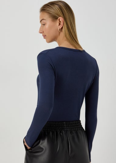 Navy Rib Notch Neck Long Sleeve Top