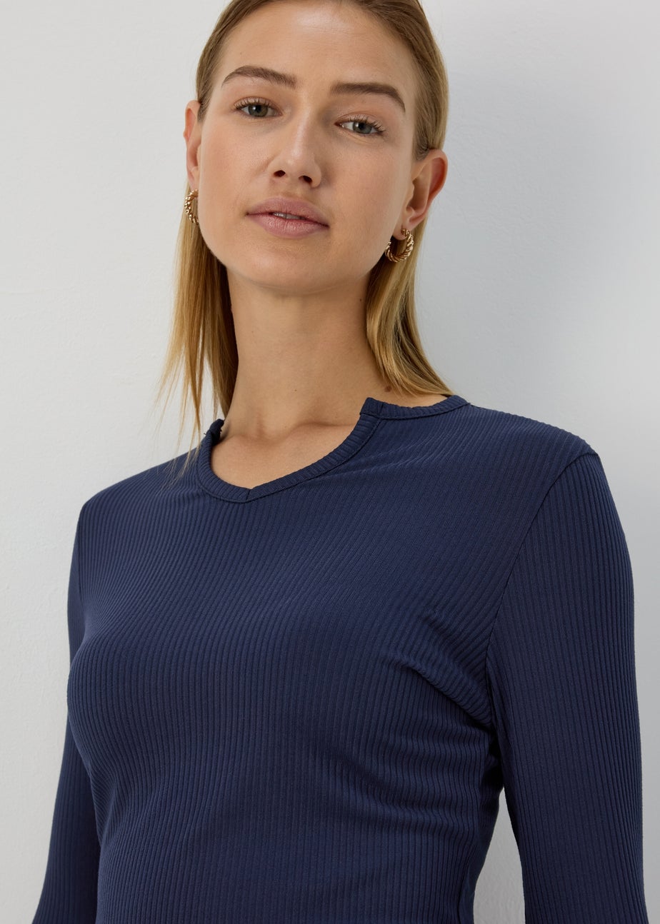 Navy Rib Notch Neck Long Sleeve Top