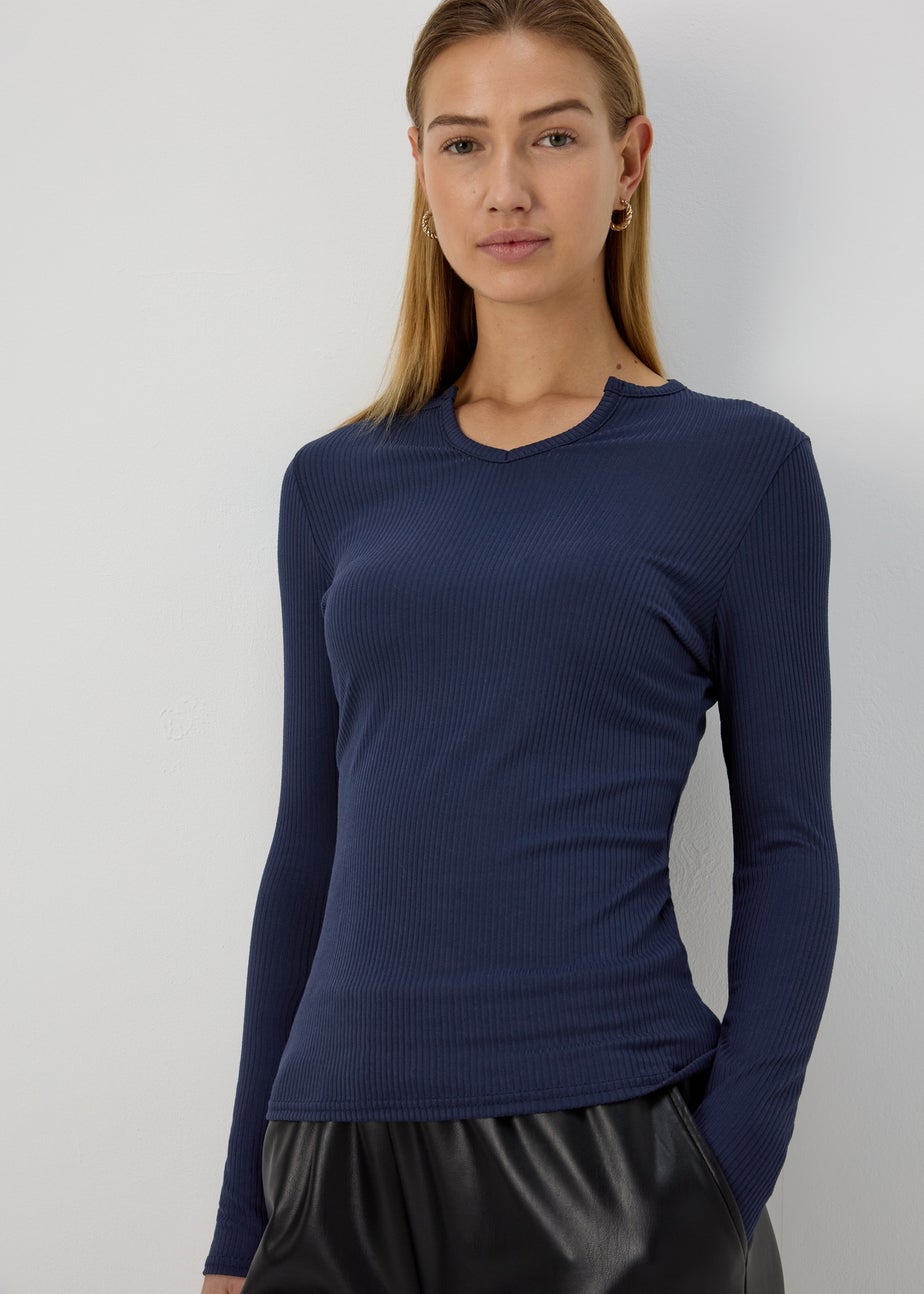 Navy Rib Notch Neck Long Sleeve Top