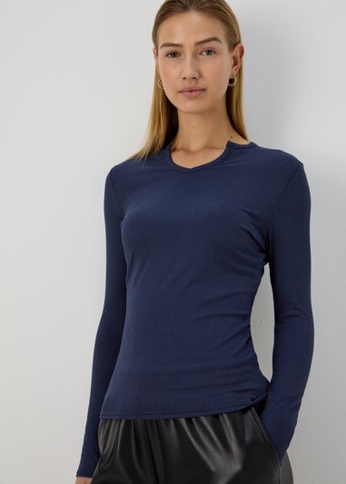Navy Rib Notch Neck Long Sleeve Top