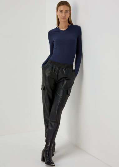 Navy Rib Notch Neck Long Sleeve Top