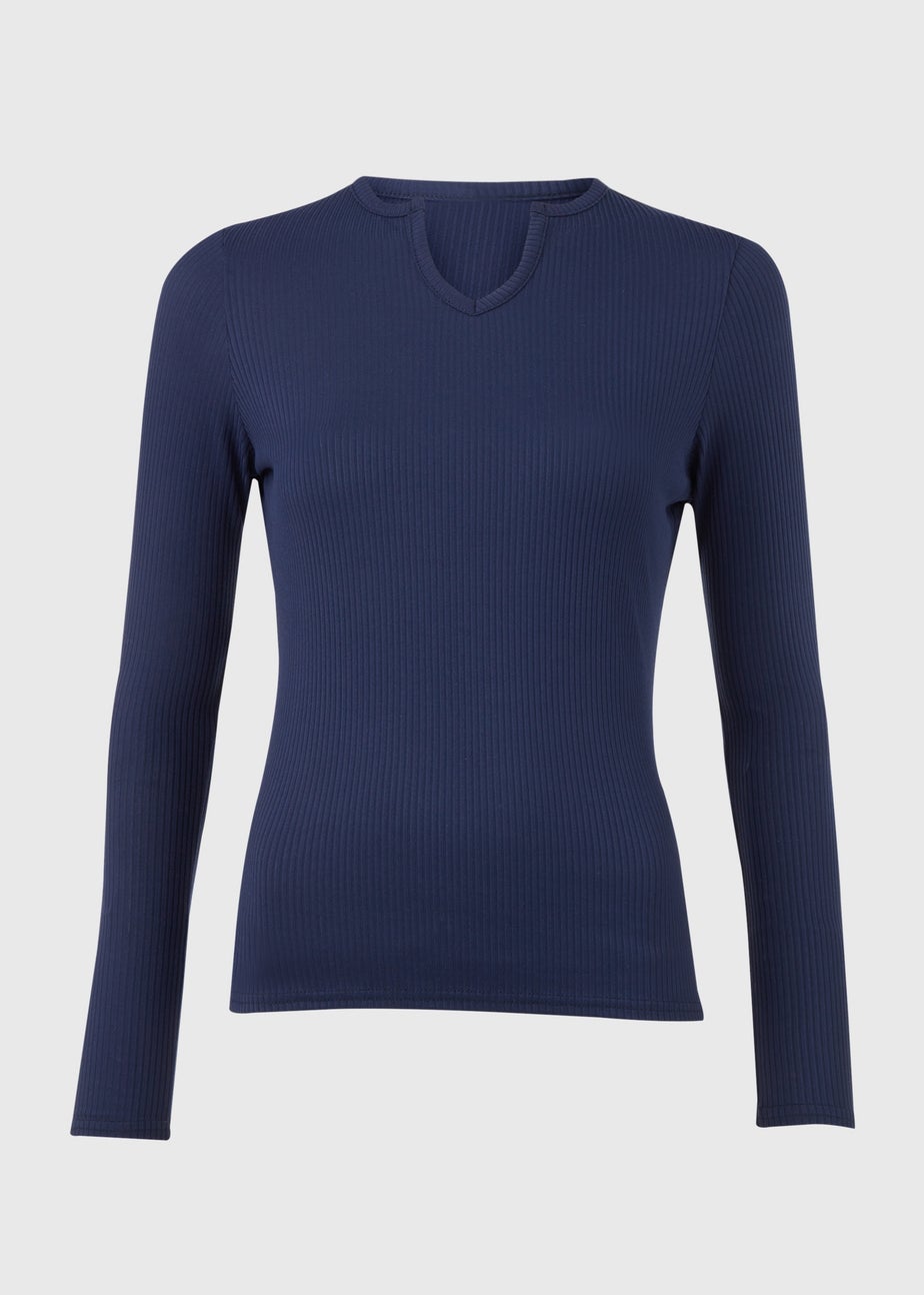 Navy Rib Notch Neck Long Sleeve Top