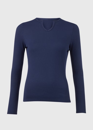 Navy Rib Notch Neck Long Sleeve Top