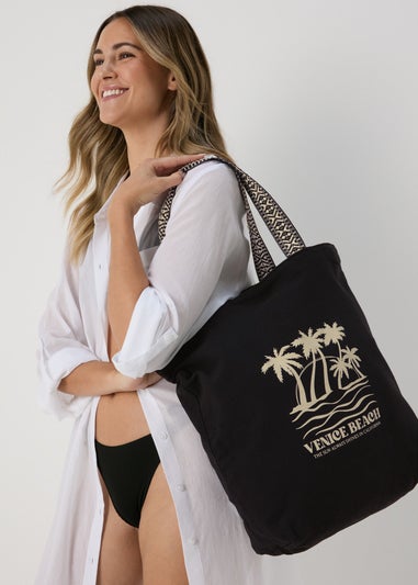 Black Printed Canvas Beach Bag