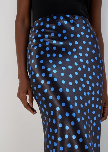 Blue Spot Satin Midi Skirt
