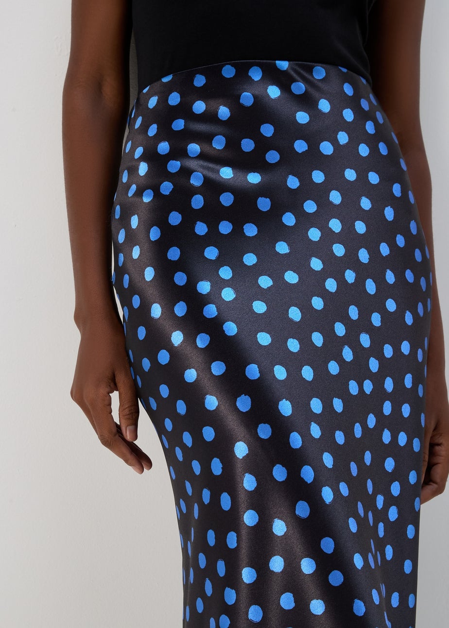 Blue Spot Satin Midi Skirt