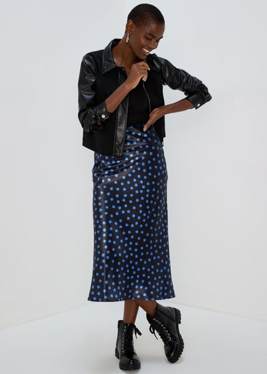 Blue Spot Satin Midi Skirt