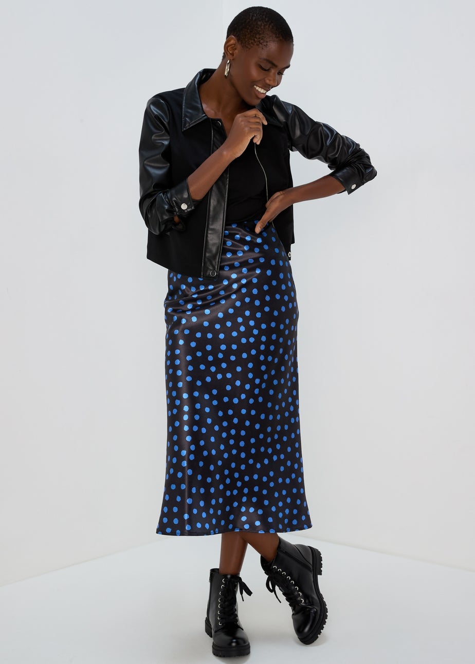 Blue Spot Satin Midi Skirt