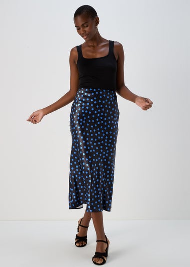 Blue Spot Satin Midi Skirt