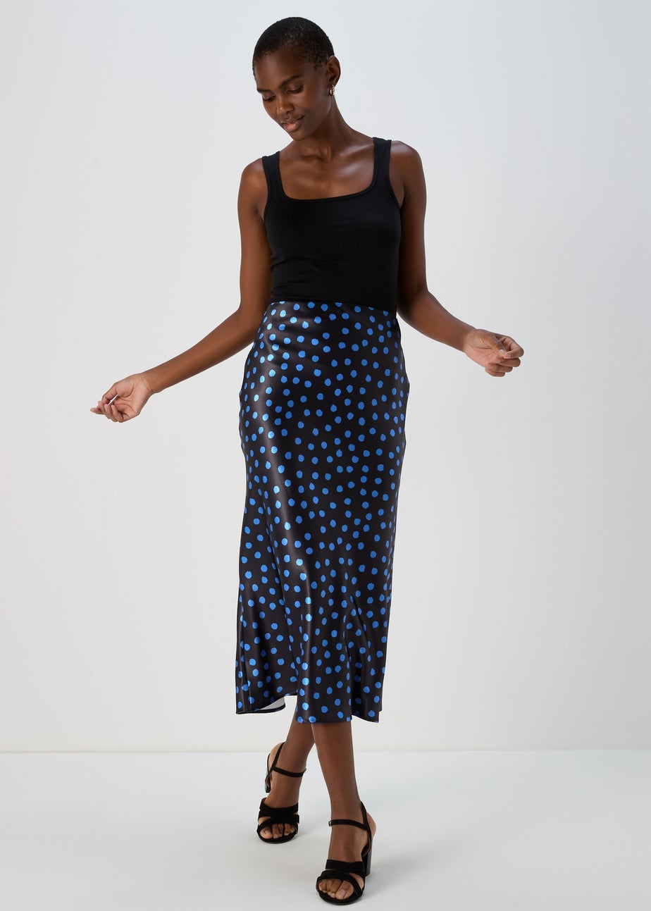 Blue Spot Satin Midi Skirt
