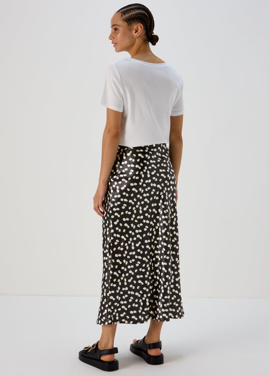 Black Daisy Print Satin Midi Skirt