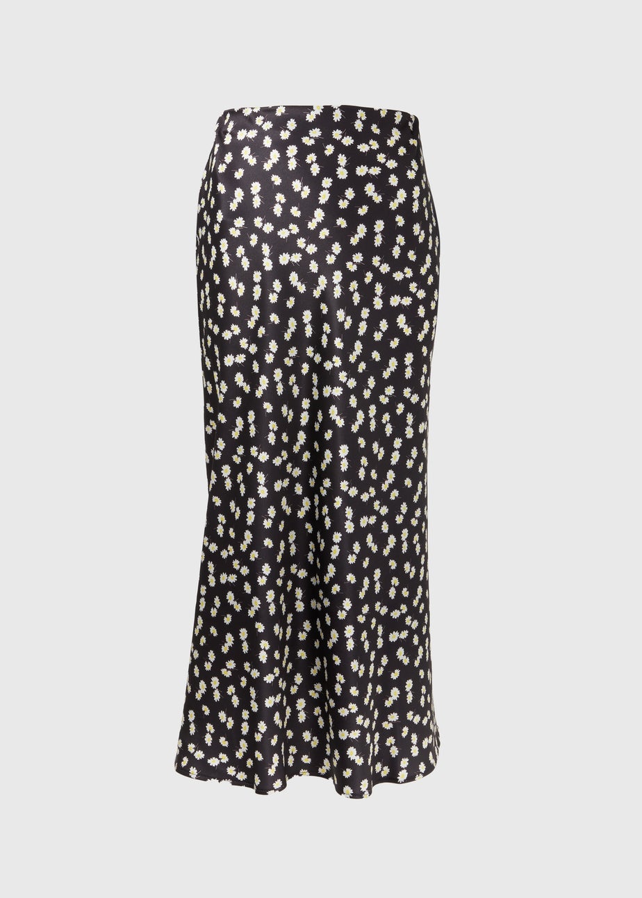 Black Daisy Print Satin Midi Skirt