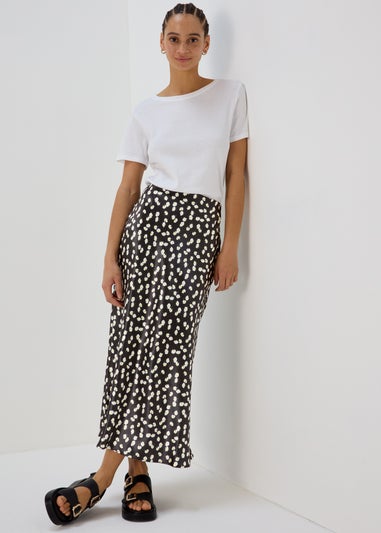 Black Daisy Print Satin Midi Skirt