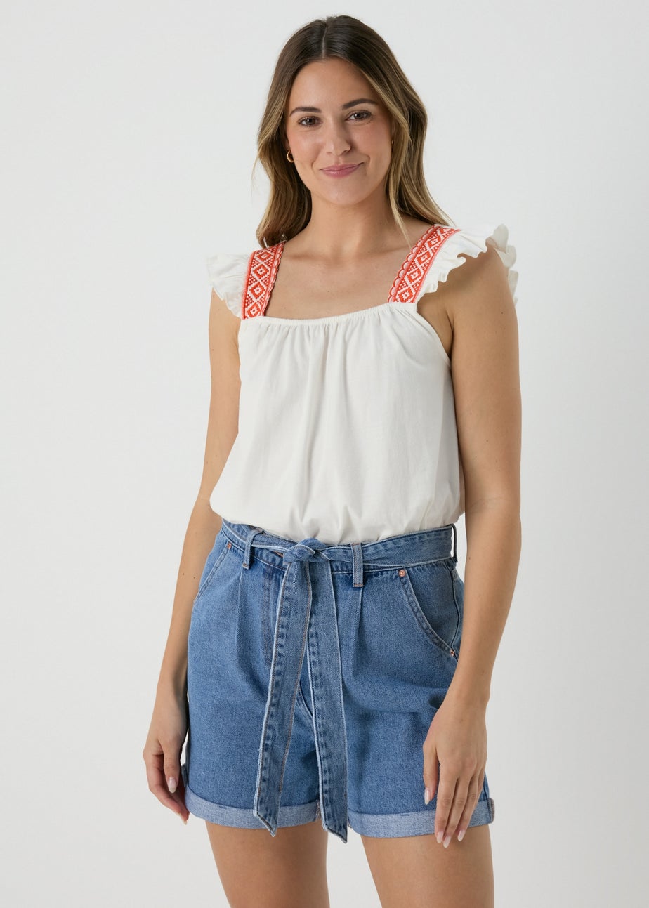 Cream & Coral Strap Embroidered Vest