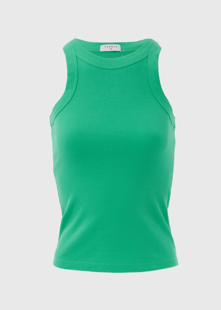 Green Plain High Neck Ribbed Vest