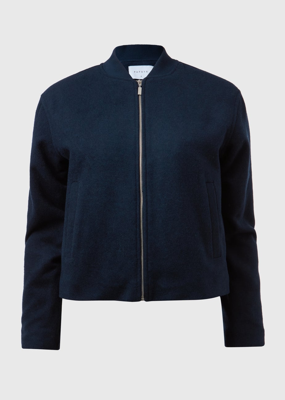 Navy Wool Look Bomber Jacket