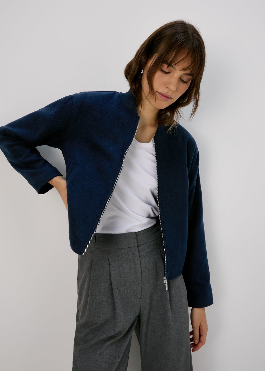 Navy Wool Look Bomber Jacket