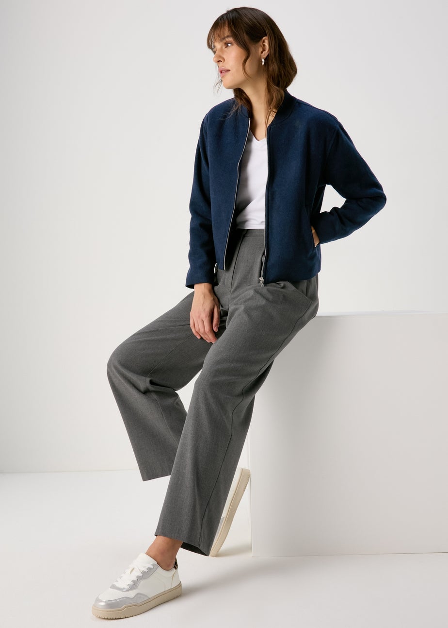 Navy Wool Look Bomber Jacket