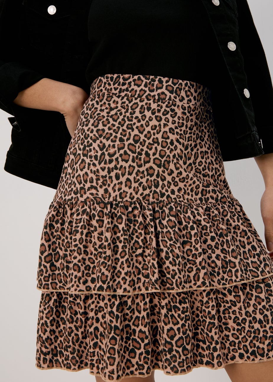 Papaya Brown Animal Print Tiered Jersey Mini Skirt