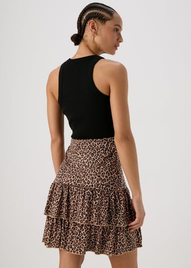 Papaya Brown Animal Print Tiered Jersey Mini Skirt