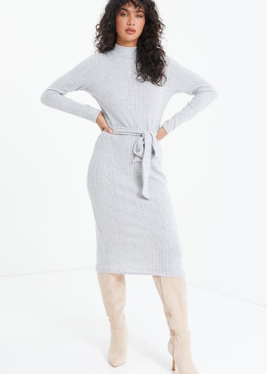 Quiz Grey Knitted Long Sleeve Midi Dress