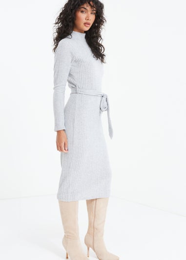 Quiz Grey Knitted Long Sleeve Midi Dress