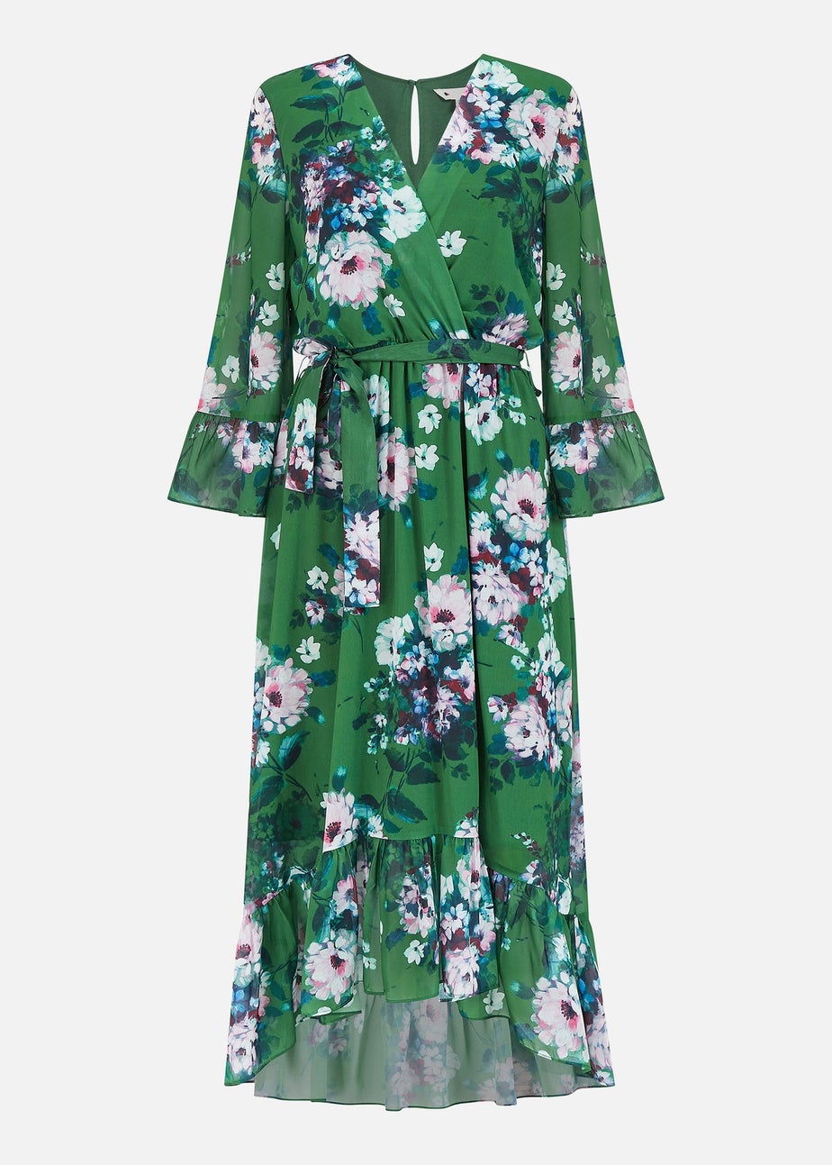 Yumi Green Watercolour Floral Dip Hem Midi Dress